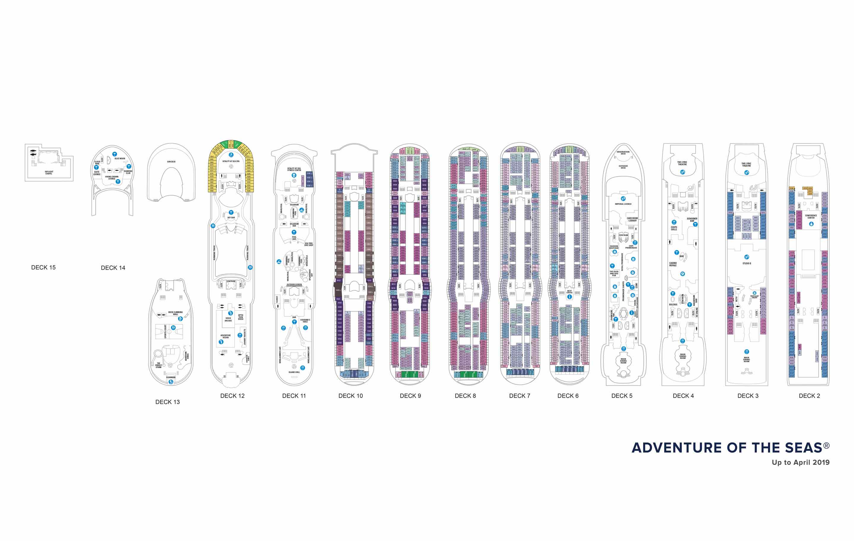 The deck plans for Adventure of the Seas, Royal Caribbean Cruises