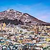 View of the town of Hakodate with Mt. Hakodate in the background, in Hakodate, Japan