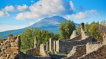 Mount Vesuvius towering over the ruins of Pompeii in Naples